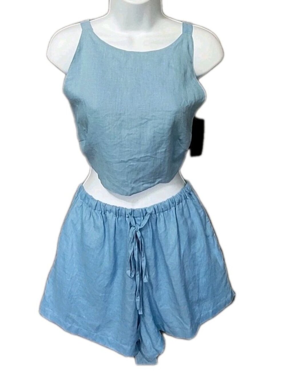 Linen Bamboo Womens 2 Piece Set S/M Cropped Tie Front Top Shorts Festival Beachy
